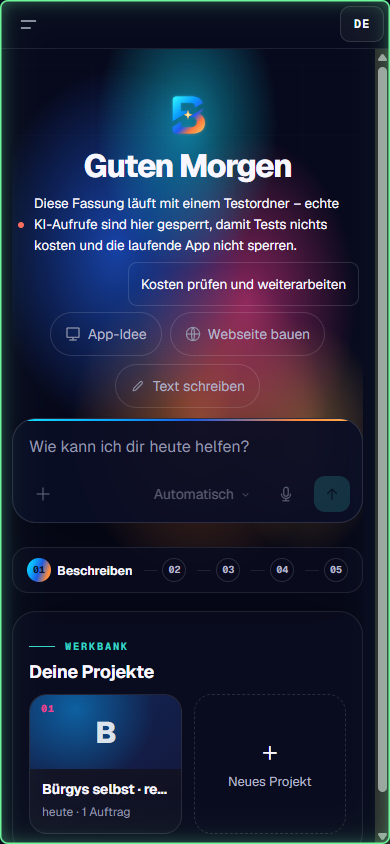 Echte mobile Hauptansicht von Bürgys aus einem isolierten Testprofil